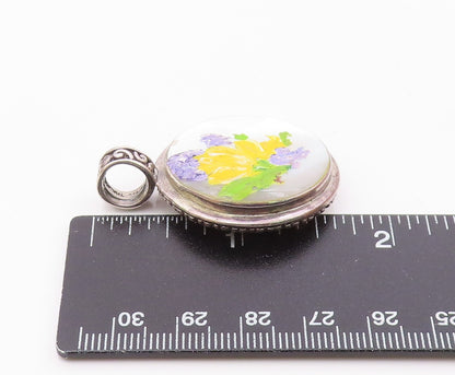 925 Sterling Silver  Vintage Mother Of Pearl Floral Art Round Pendant  PT7698
