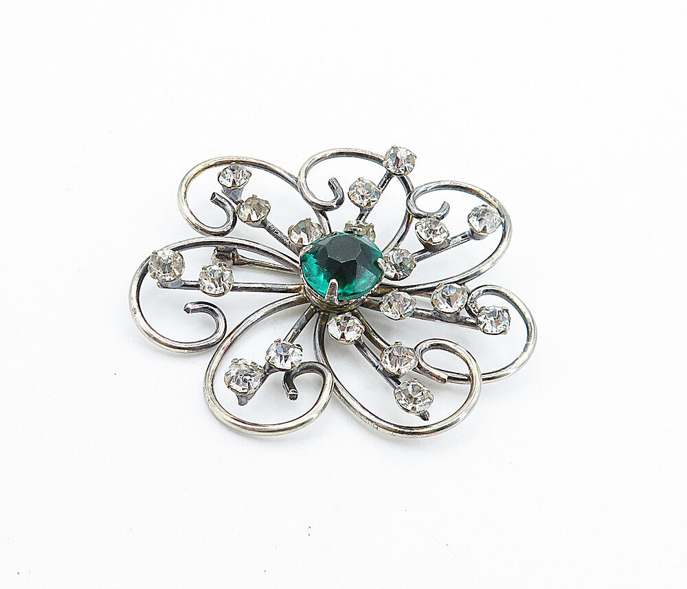 925 Sterling Silver  Vintage Green & White Topaz Floral Brooch Pin  BP2604