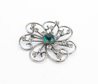 925 Sterling Silver  Vintage Green & White Topaz Floral Brooch Pin  BP2604