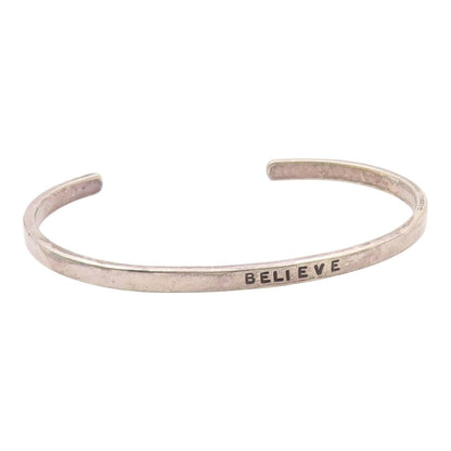 925 Sterling Silver  Vintage Petite Believe Stamped Cuff Bracelet  BT9123