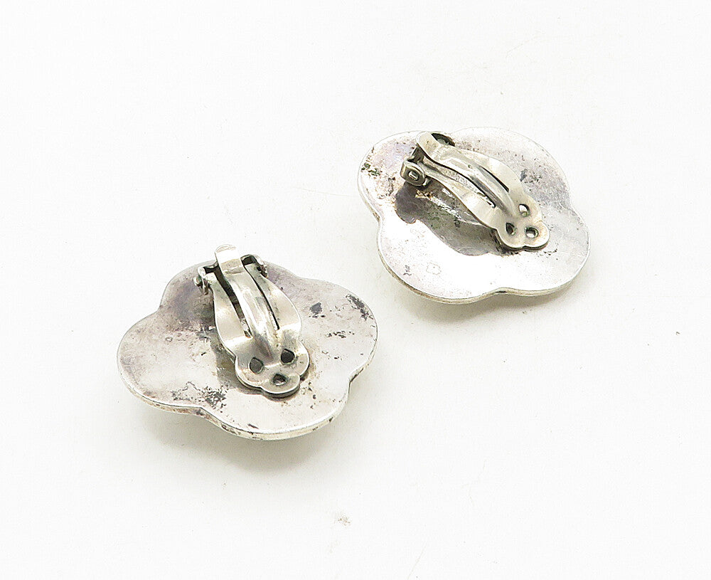 MEXICO 925 Sterling Silver Vintage Shiny Flower Motif Non Pierce Earrings EG4984
