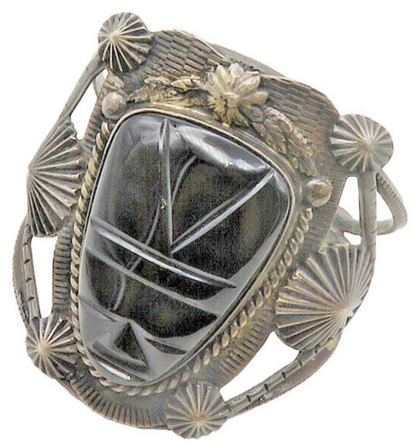 NAVAJO 925 Silver  Vintage Face Carved Black Onyx Floral Cuff Bracelet  BT5030