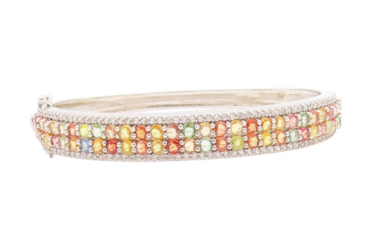 925 Sterling Silver Vintage Bracelet Round Multi Color Topaz & CZ Bangle BT11387