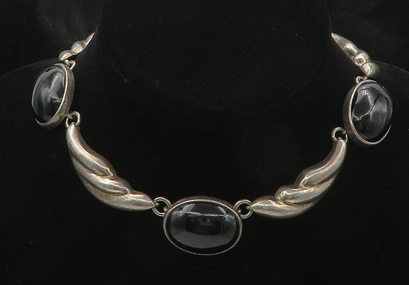 MEXICO 925 Sterling Silver Vintage Large Black Gemstone Chain Necklace  NE2992