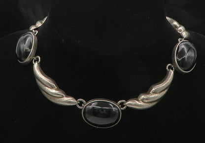 MEXICO 925 Sterling Silver Vintage Large Black Gemstone Chain Necklace  NE2992