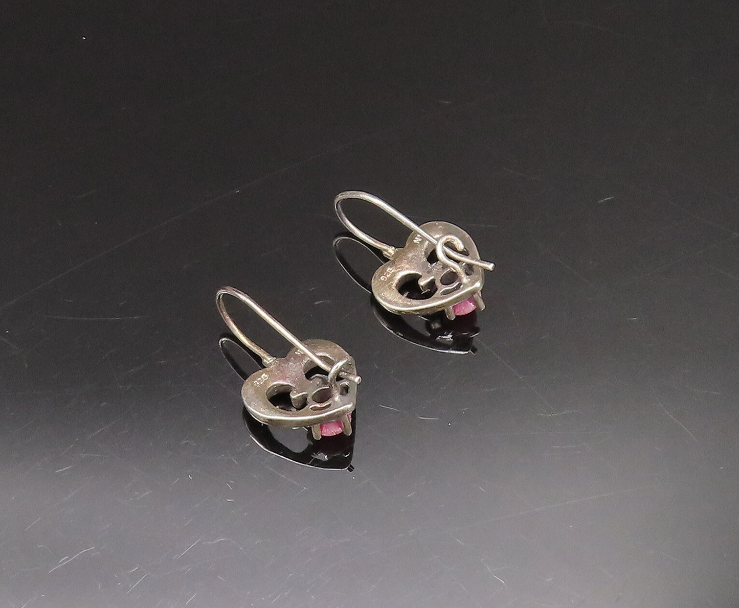 925 Silver  Vintage Antique Beaded Open Ruby Love Heart Earrings  EG11959