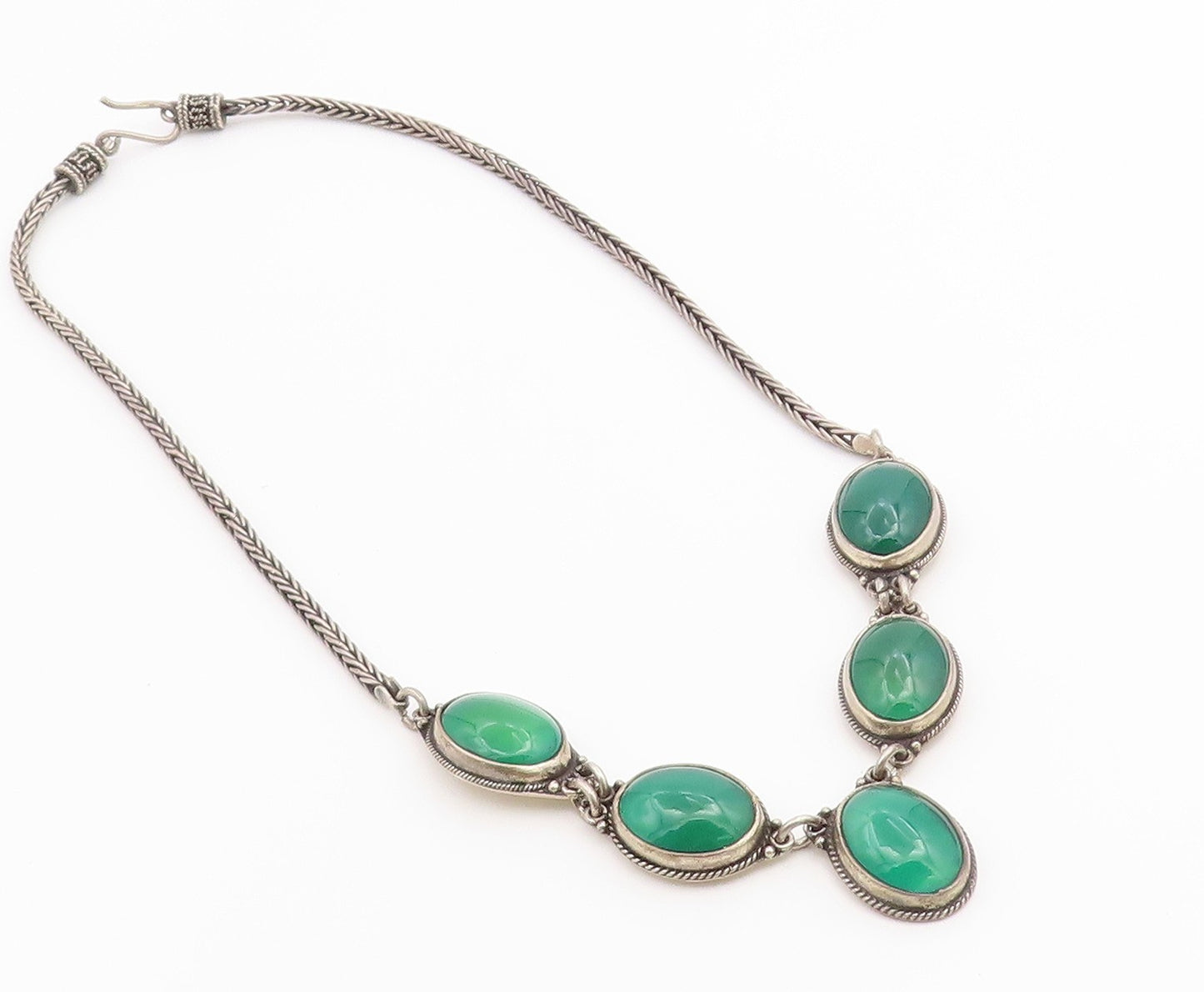925 Sterling Silver Vintage Necklace Green Chalcedony Statement Chain  NE4911