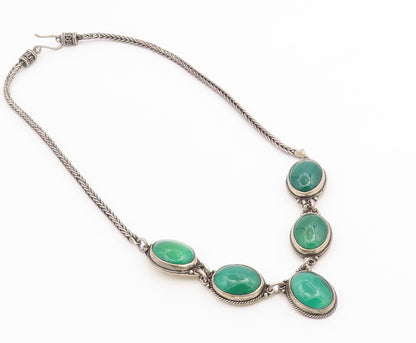 925 Sterling Silver Vintage Necklace Green Chalcedony Statement Chain  NE4911