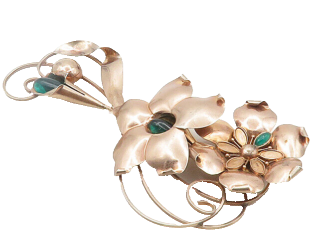 925 Sterling Silver  Vintage Green Topaz Copper Tone Flower Brooch Pin  BP7479