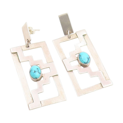 925 Sterling Silver Vintage Earrings Cabochon Turquoise Geometric Dangle EG13749