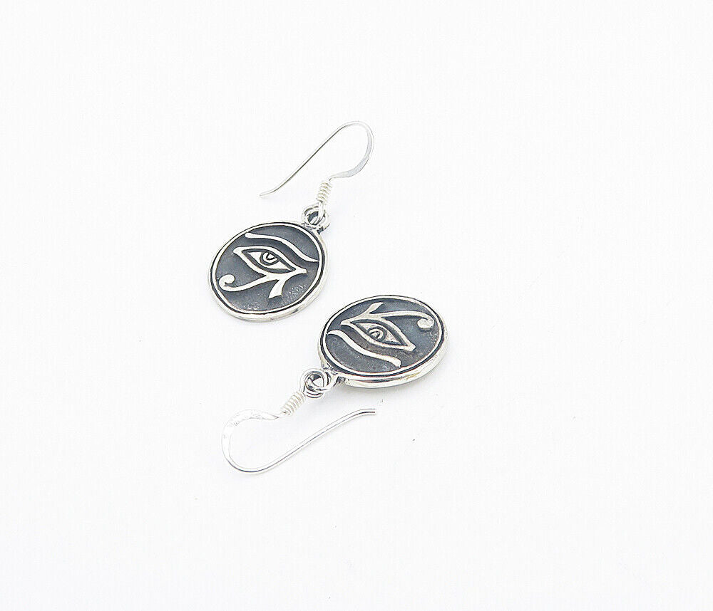 925 Sterling Silver  Vintage Oxidized Eye Of Horus Dangle Earrings  EG2957