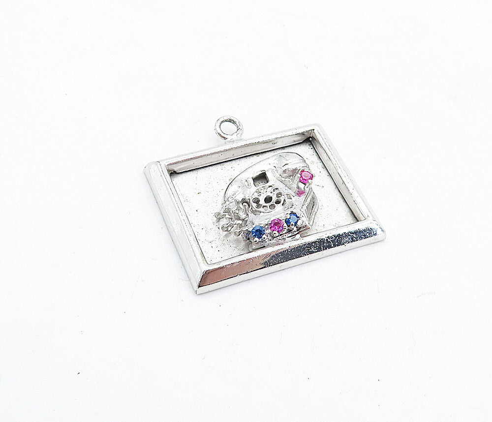 925 Sterling Silver  Vintage Pink & Blue Topaz Telephone Motif Pendant  PT3961