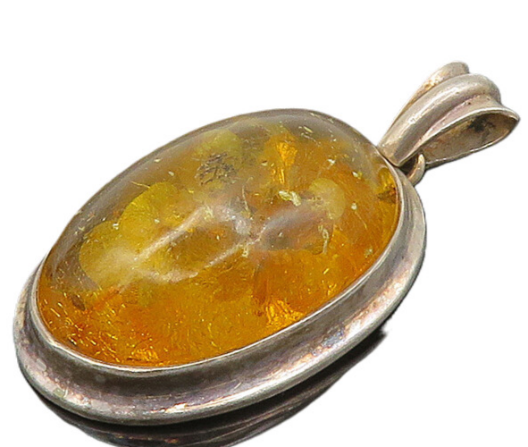 925 Sterling Silver  Vintage Cabochon Cut Amber Oval Drop Pendant  PT16614