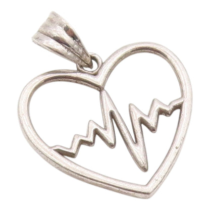 925 Sterling Silver Vintage Pendant Lifeline Pulse Open Love Heart Charm PT26311