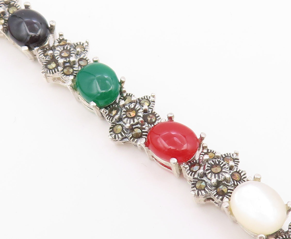 925 Silver  Vintage Turquoise Mother Of Pearl Onyx & Carnelian Bracelet BT3680
