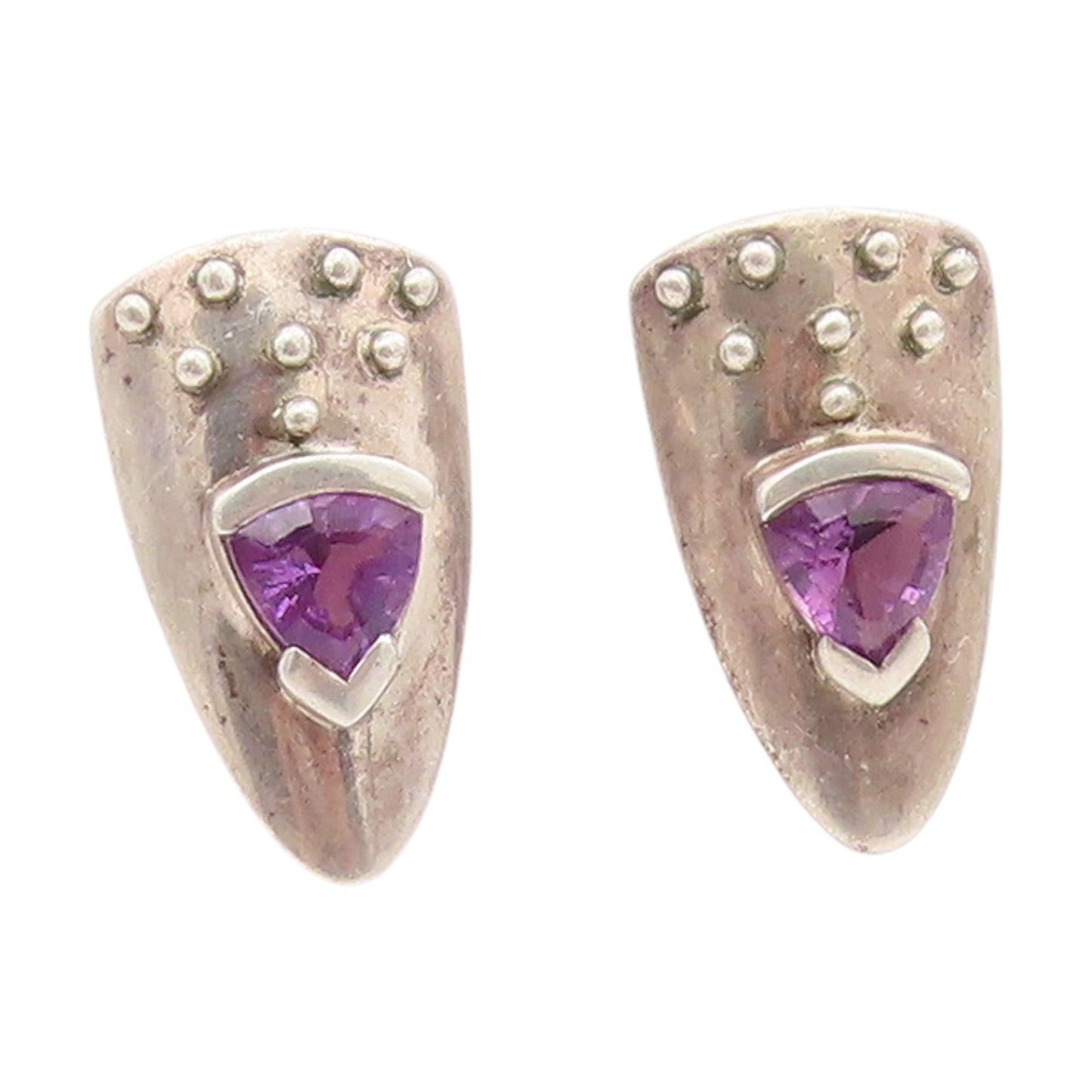 925 Sterling Silver Vintage Earrings Modernist Amethyst Shield Studs  EG13914