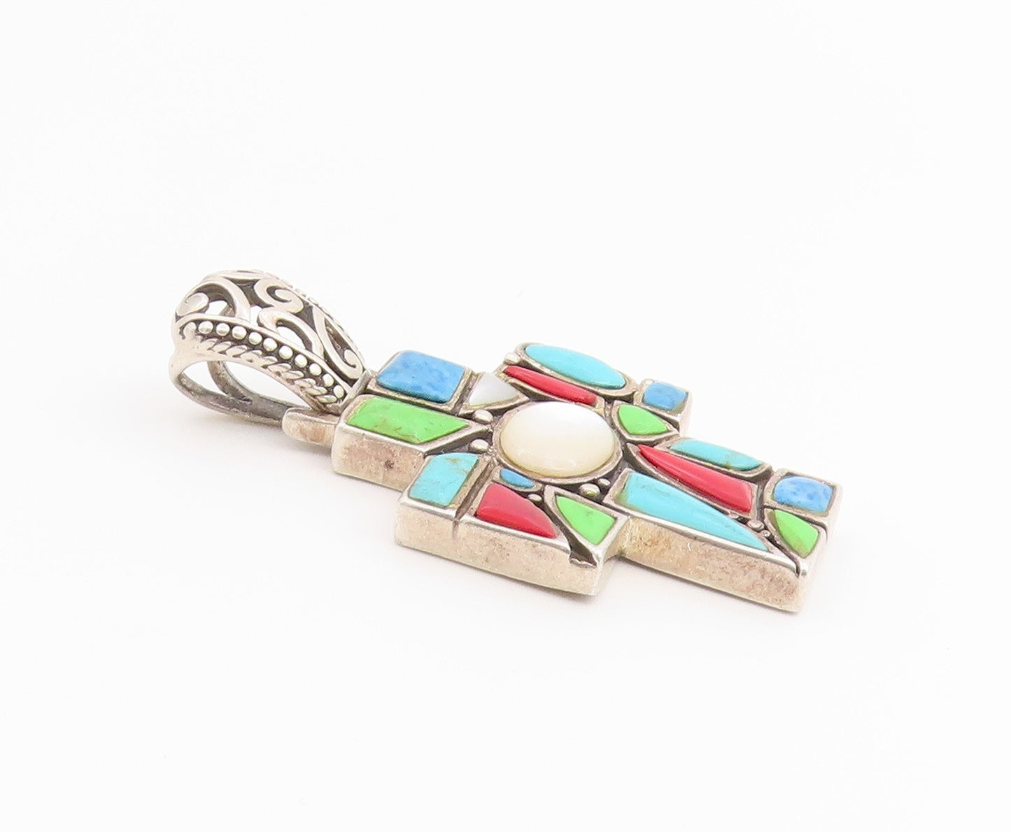 925 Sterling Silver Vintage Pendant Multi Gemstone Religious Cross  PT26534