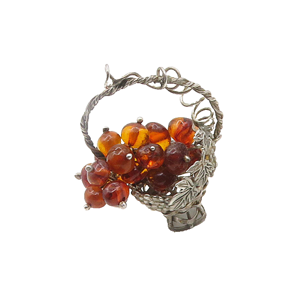 925 Sterling Silver  Vintage Amber Bead Cluster Basket Motif Pendant  PT15270