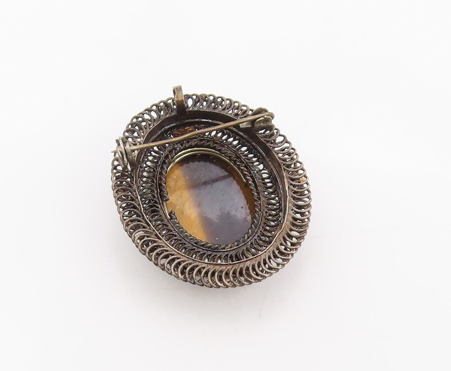 925 Sterling Silver Vintage Brooch Cabochon Tiger's Eye & Pearl Pin  BP12091