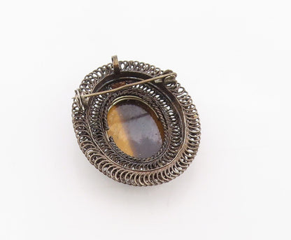 925 Sterling Silver Vintage Brooch Cabochon Tiger's Eye & Pearl Pin  BP12091