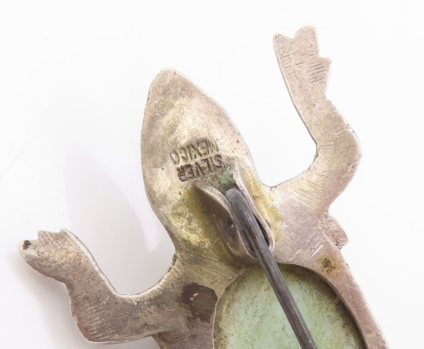 925 Sterling Silver Vintage Brooch MEXICO Cabochon Jade Lizard Reptile  BP11916