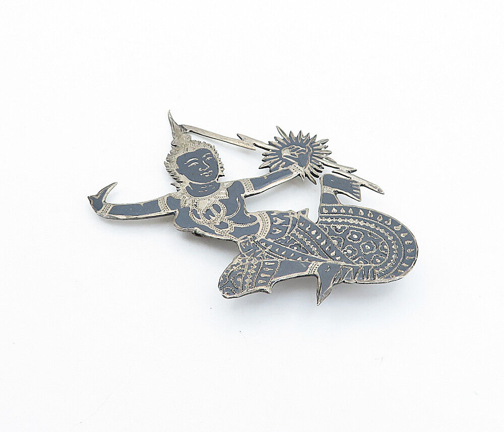 SIAM 925 Sterling Silver  Vintage Niello Detailed Dancer Brooch Pin  BP2463