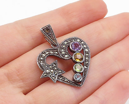 925 Sterling Silver Vintage Multi Gemstone Love Heart Star Pendant PT4841