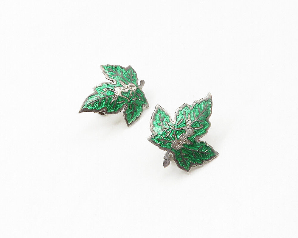 SIAM 925 Sterling Silver  Vintage Enamel Leaf Non Pierce Earrings  EG8888