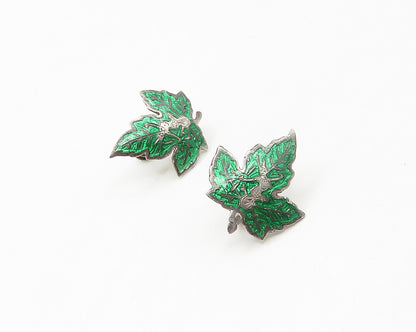 SIAM 925 Sterling Silver  Vintage Enamel Leaf Non Pierce Earrings  EG8888