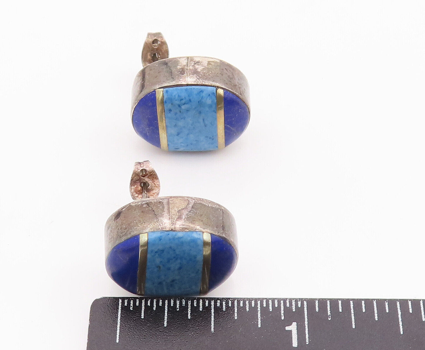925 Sterling Silver Vintage Earrings MEXICO Oval Inlay Lapis Lazuli   EG13072