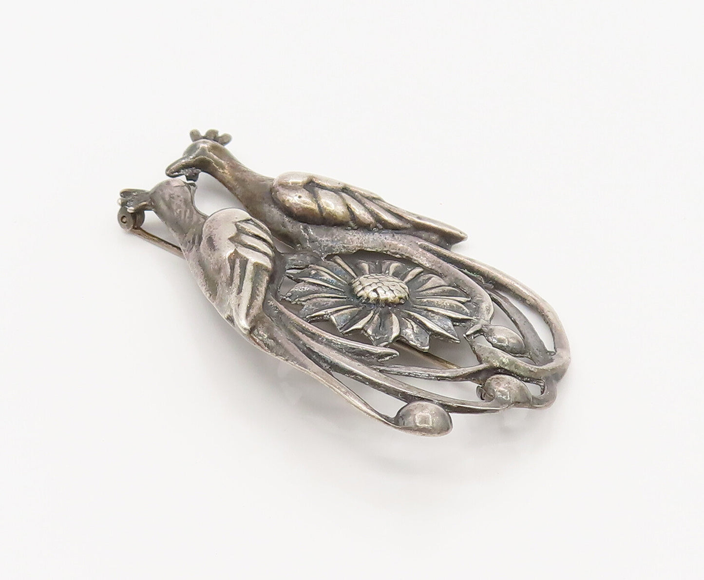 925 Silver  Vintage Antique Garden Love Birds Floral Brooch Pin  BP10163