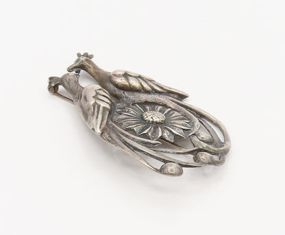 925 Silver  Vintage Antique Garden Love Birds Floral Brooch Pin  BP10163