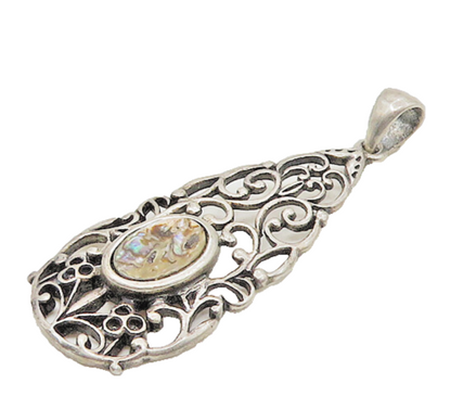 925 Sterling Silver  Vintage Abalone Shell Baroque Swirl Vine Pendant  PT14085