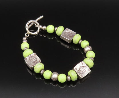 925 Silver  Vintage Green Turquoise Beads & Engraved Fish Bracelet  BT9673