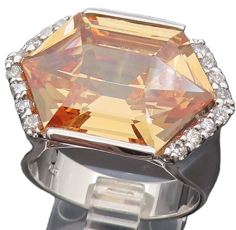 925 Silver  Vintage Hexagon Citrine & Cubic Zirconia Ring Sz 10  RG26344
