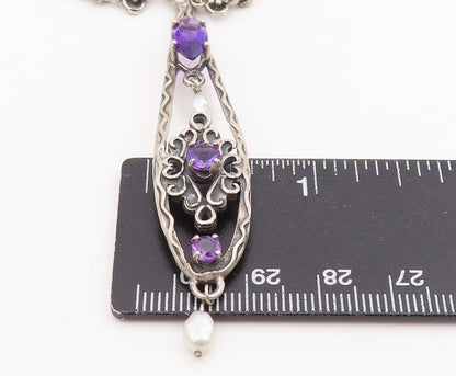 925 Sterling Silver Vintage Necklace Purple Amethyst & Pearl Floral Drop  NE4756