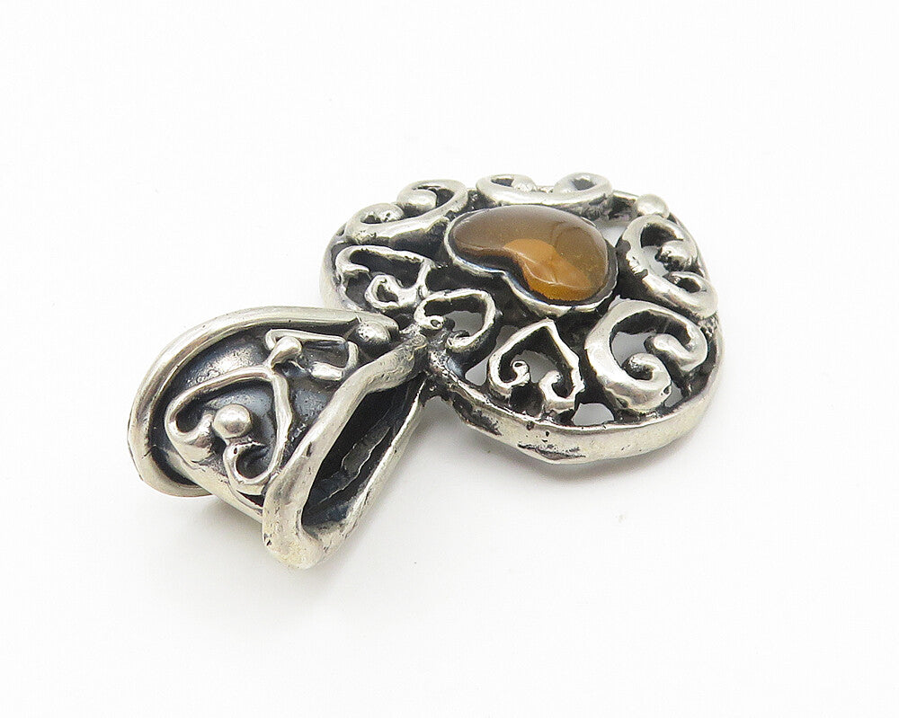 MEXICO 925 Sterling Silver  Vintage Amber Love Heart Drop Pendant  PT8560