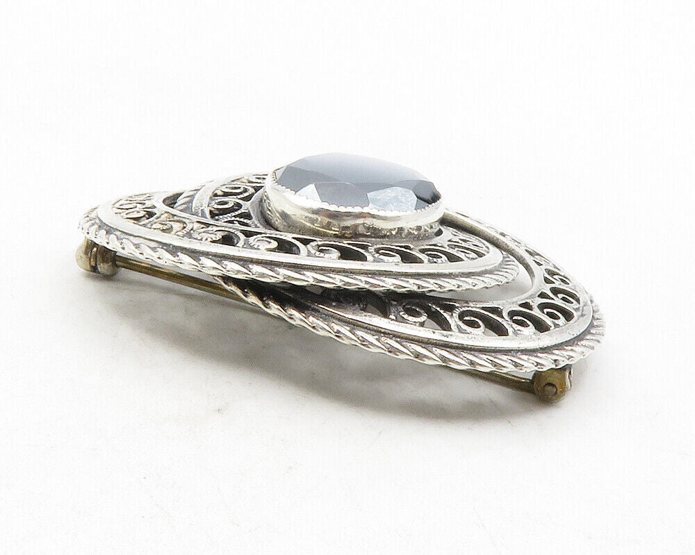 DANECRAFT 925 Sterling Silver  Vintage Hematite Shiny Swirl Brooch Pin  BP4642