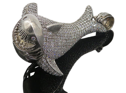 925 Sterling Silver  Vintage Cubic Zirconia Encrusted Shark Pendant  PT6207