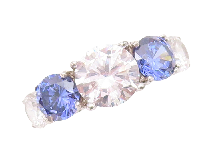925 Sterling Silver Vintage Ring Round Cut Sapphire & CZ Band  Sz 7  RG30458