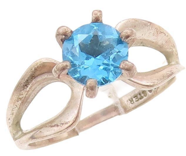 925 Sterling Silver Vintage Ring Designer Cutout Round Cut Blue CZ Sz 8 RG28190