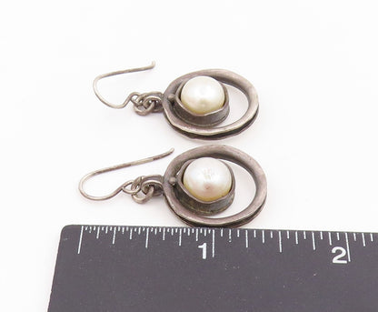 925 Sterling Silver Vintage Earrings ISRAEL Pearl Open Circle Dangle  EG14090