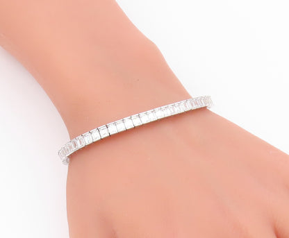 925 Sterling Silver  Vintage Cubic Zirconia Box Link Tennis Bracelet  BT8843
