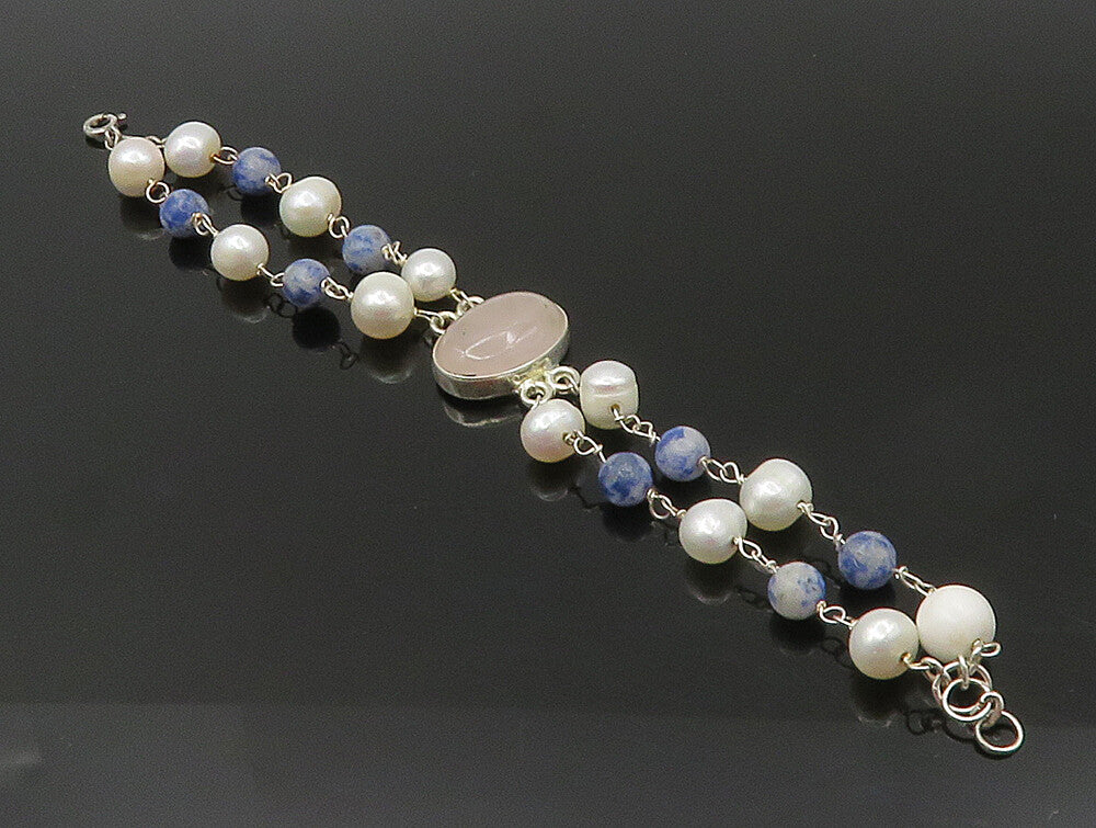 925 Sterling Silver  Rose Quartz & Freshwater Pearls Chain Bracelet  BT1165