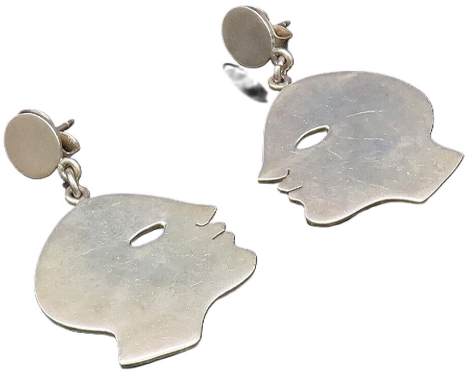 MIMI CASTILLO 925 Silver  Vintage Flat Side Profile Face Earrings  EG12025