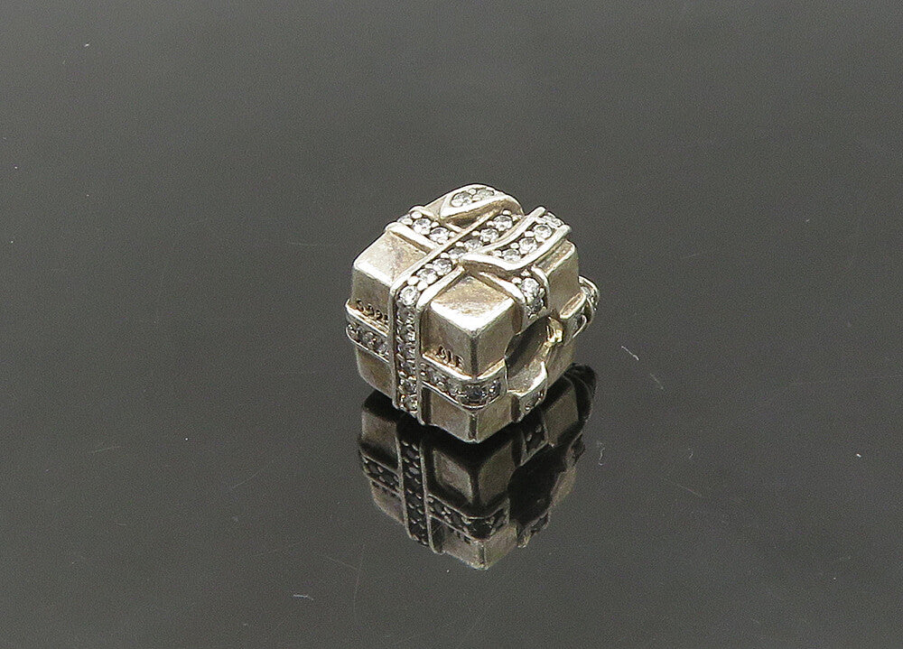 PANDORA 925 Silver  Vintage Shiny Topaz Gift Box Motif Slide Pendant  PT17498