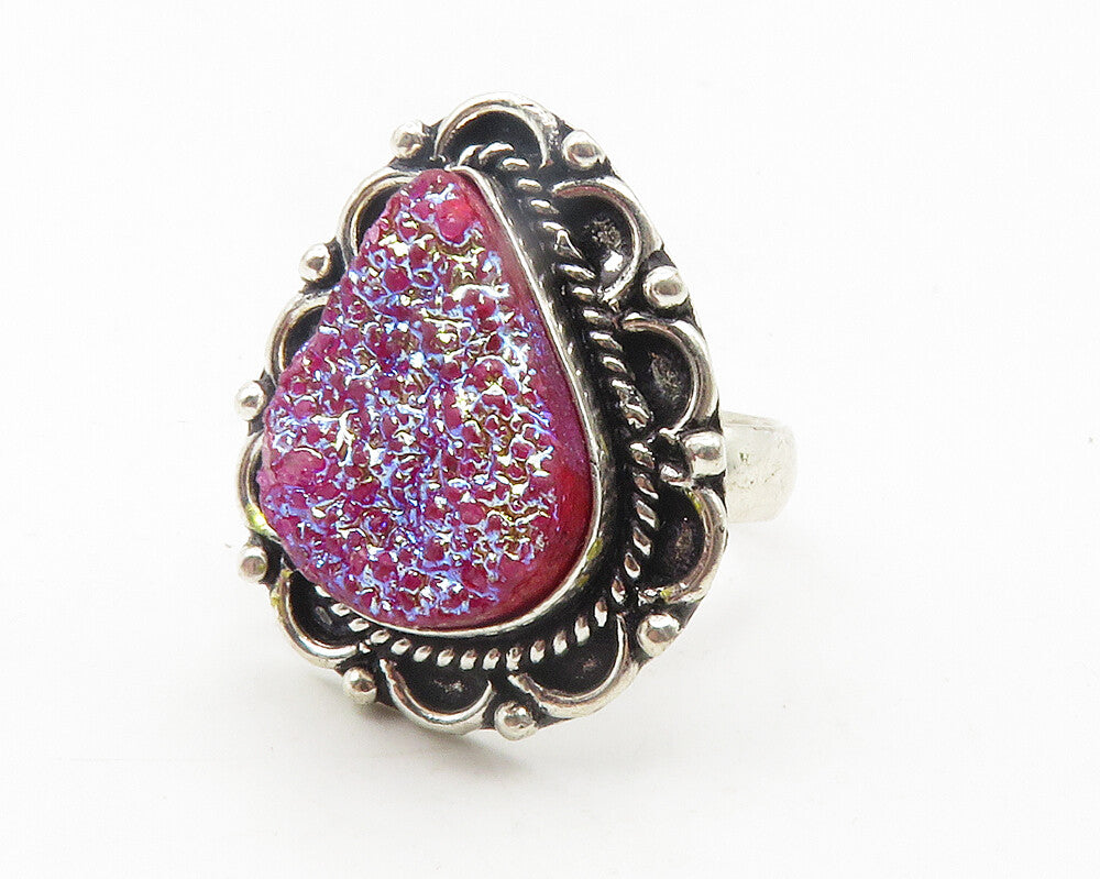 925 Sterling Silver  Vintage Magenta Druzy Stone Cocktail Ring Sz 8.5  RG11776