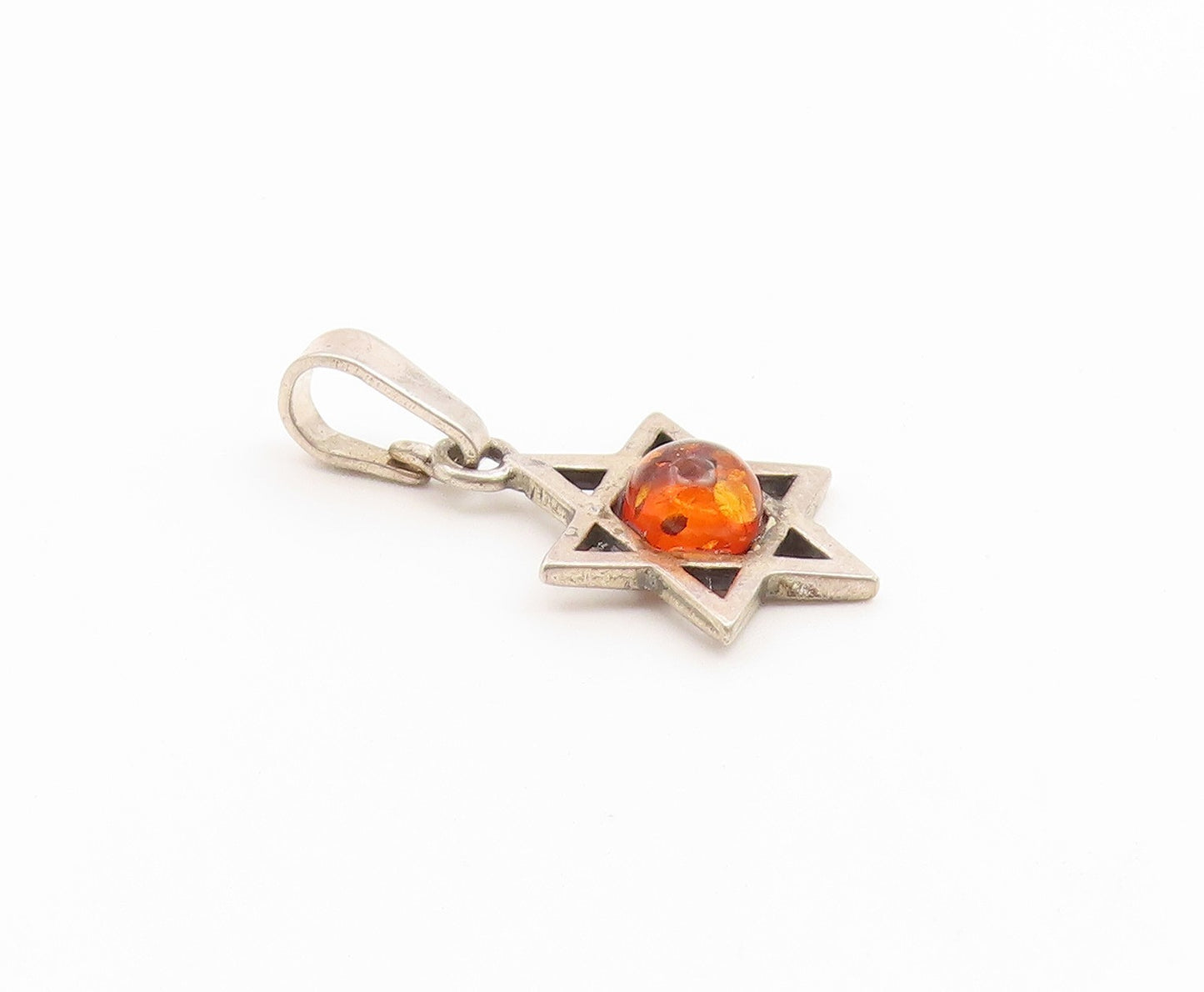 925 Sterling Silver Vintage Pendant Cabochon Amber Star of David Charm  PT26652
