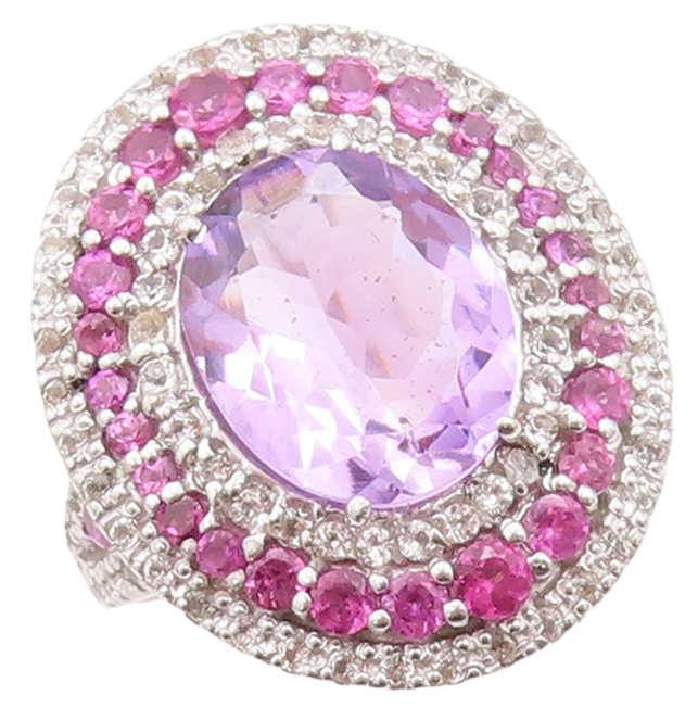 925 Sterling Silver Vintage Ring Oval Amethyst Halo 2 Tone CZ Bands Sz 7 RG30133