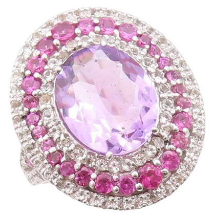 925 Sterling Silver Vintage Ring Oval Amethyst Halo 2 Tone CZ Bands Sz 7 RG30133